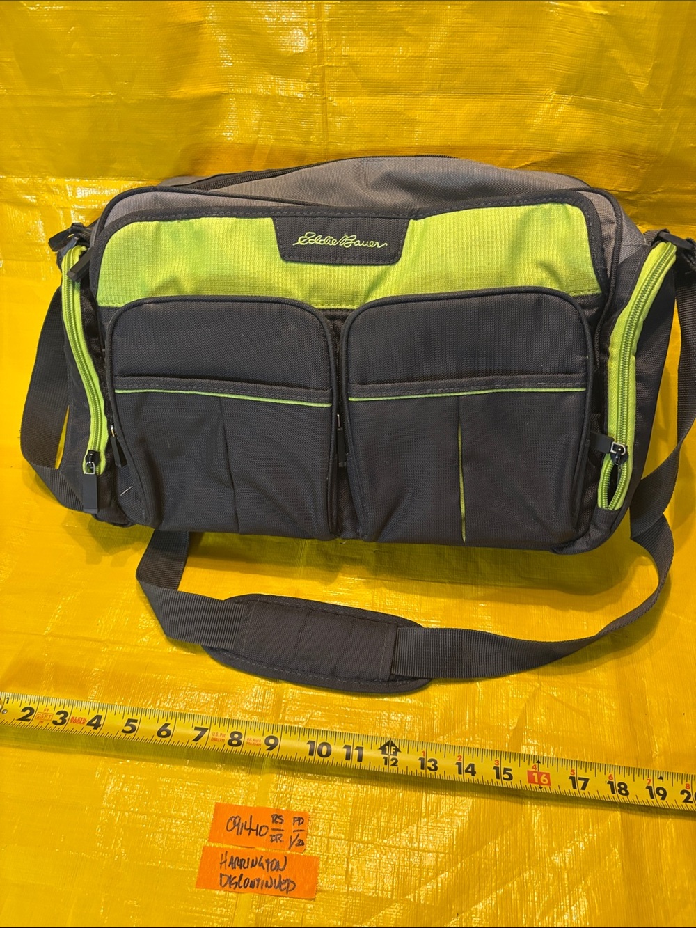 Discontinued Eddie Bauer Gray and Lime Green Messenger Crossbody Bag